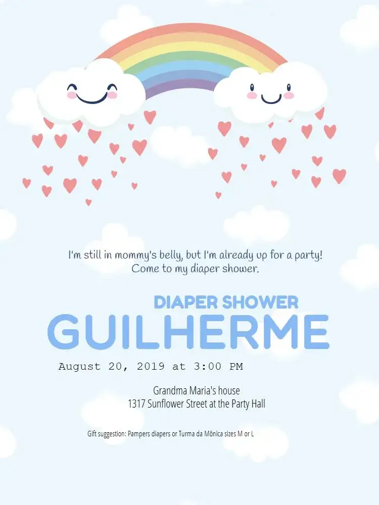 Invitation Shower Of Love Celebration – Diaper Shower theme clouds, rainbow, blue shades, childlike illustrations, modern design, light style
