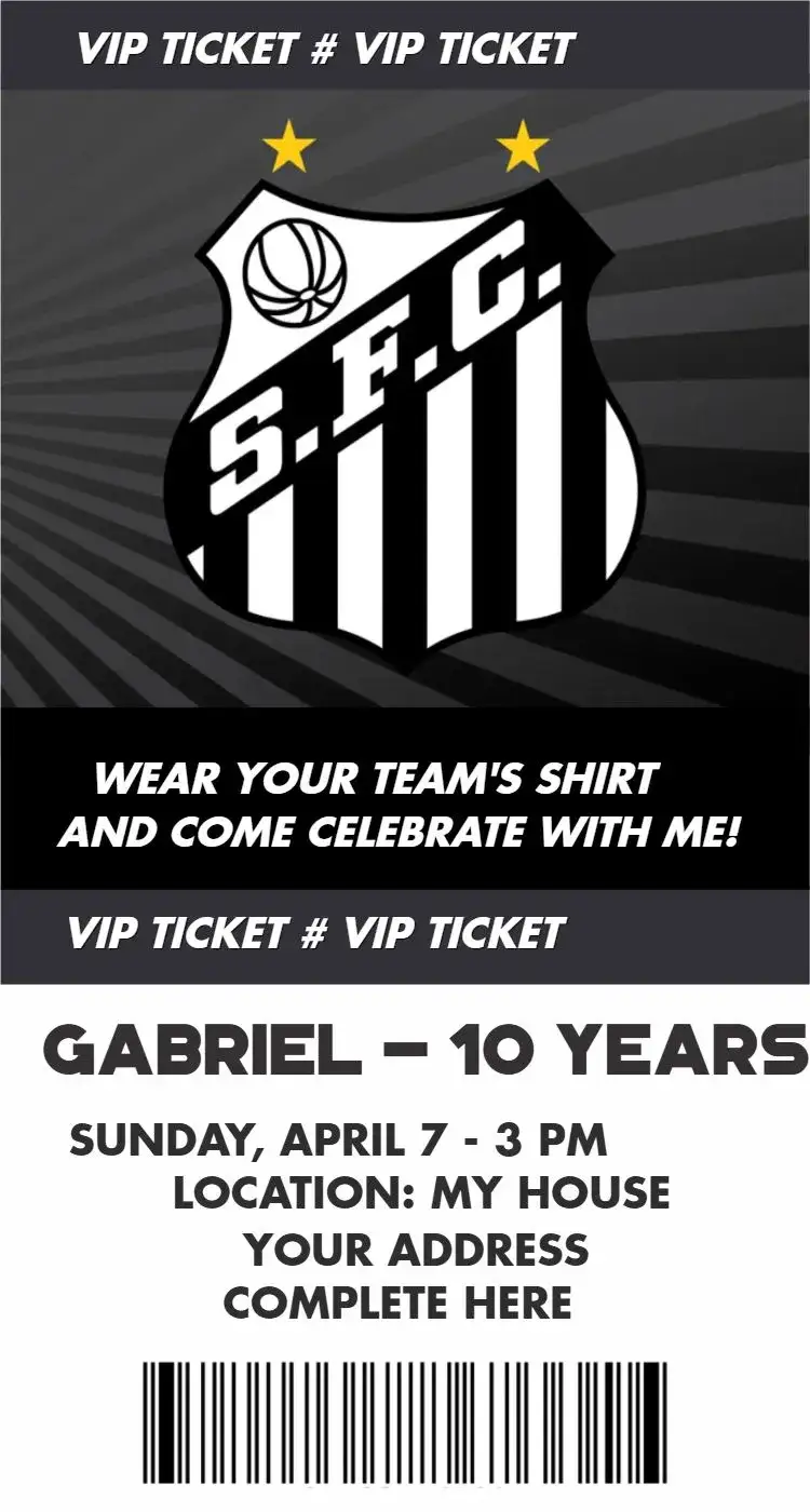Invitation Santos ticket – Birthday theme soccer, contemporary, colorful, sporty, dynamic