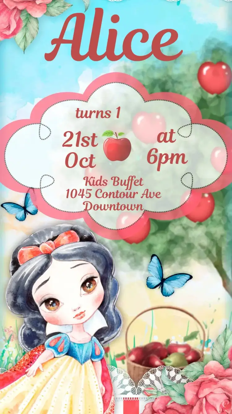 Invitation Snow White Watercolor – Kids' Birthday Party theme aquarela, colorido, infantil, fantasia, romântico