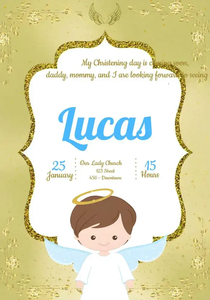 Invitation Boy's Baptism – Baptism theme blue, golden, little angel, sparkle, modern, subtle