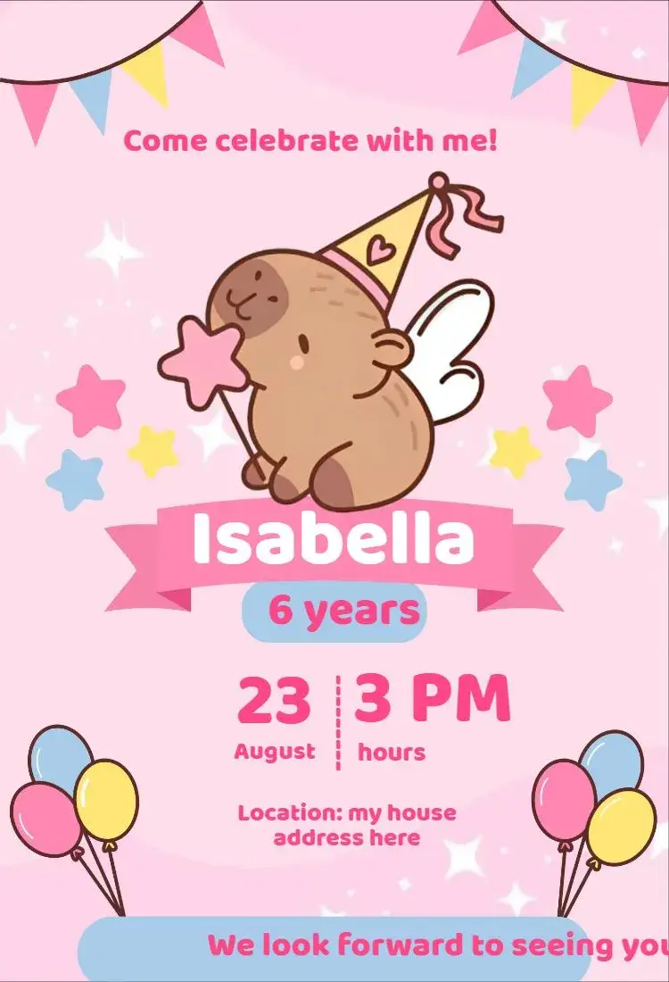 Capivara Pink Girl invitation