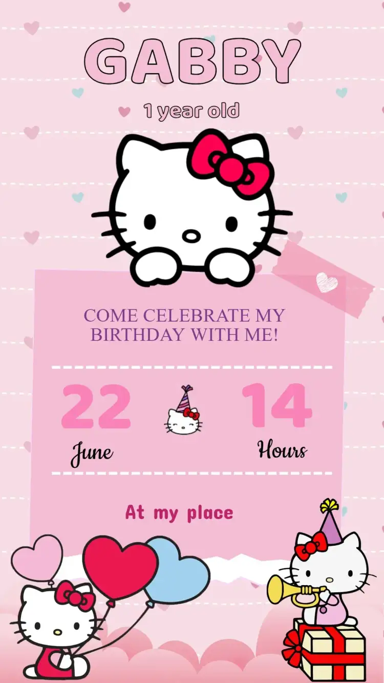 Invitation Hello Kitty Birthday Invitation – Kids' Birthday Party theme colorful, childlike, playful, fun-filled, feminine, themed