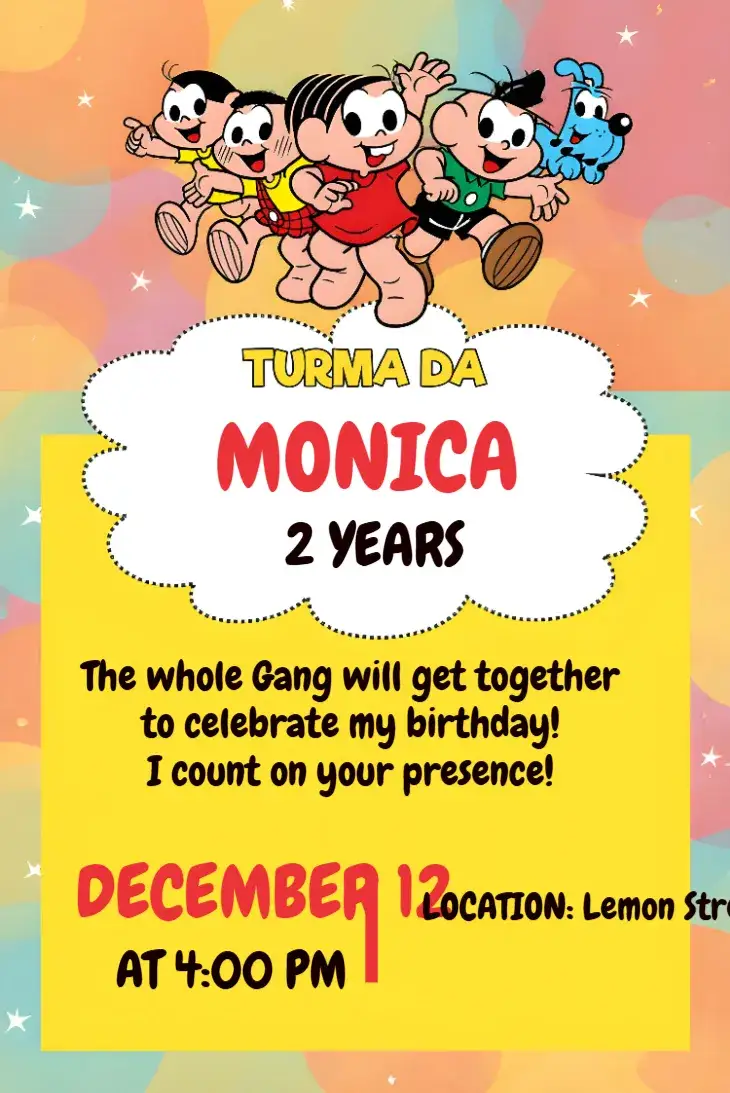 Invitation Turma Da Mônica Yellow – Kids' Birthday Party theme comics, colorful, fun, childish, themed, cheerful
