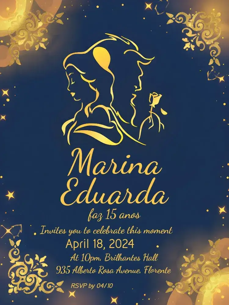 Invitation Beauty And The Blue Beast ā Sweet 15 theme blue, golden, fairy tales, elegant, arabesques, themed