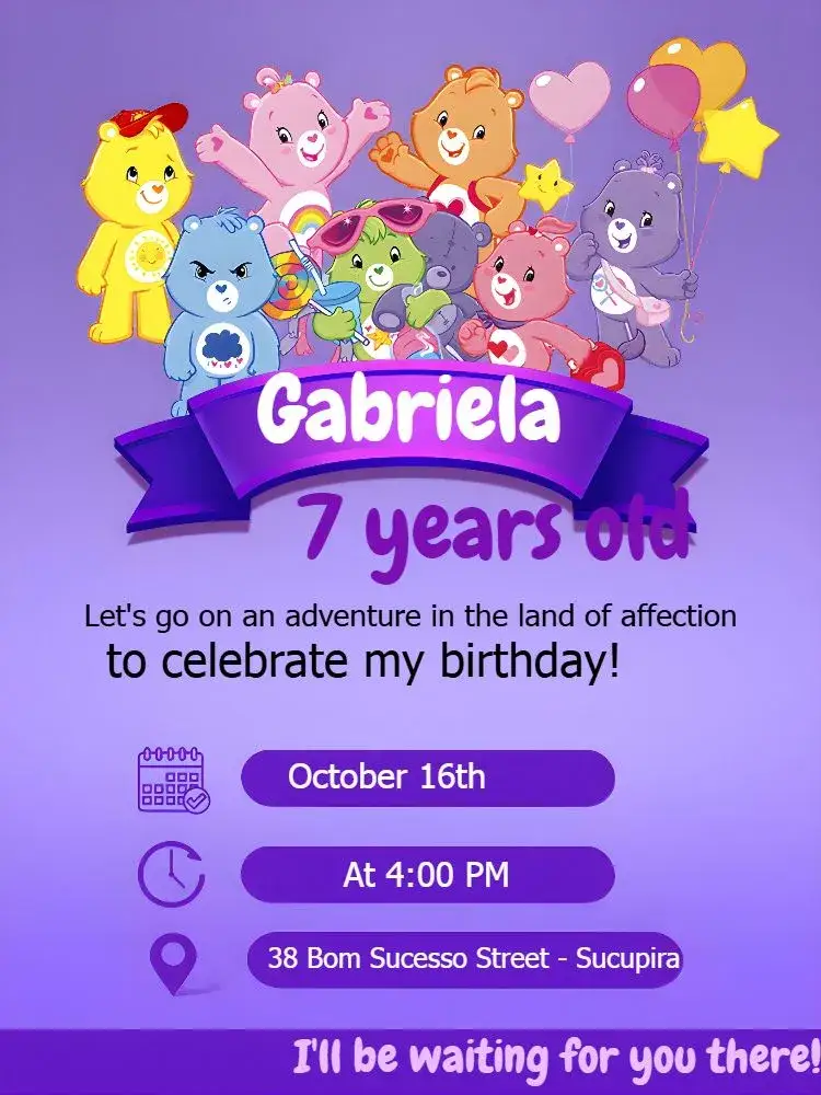 Invitation Care Bears Lilac – Kids' Birthday Party theme lilac, fun, colorful, childish, animal illustrations, teddy bear theme
