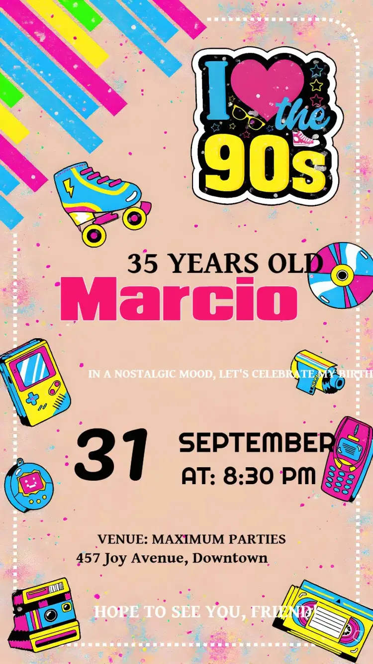 Invitation 90s Adult – Birthday theme colorful, vintage, neon, geometric, pop culture, fun