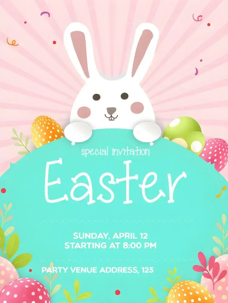Invitation Easter Celebration – Commemorative Dates theme brown and white, rabbit, Easter eggs, chocolate, joyful celebration, minimalist style