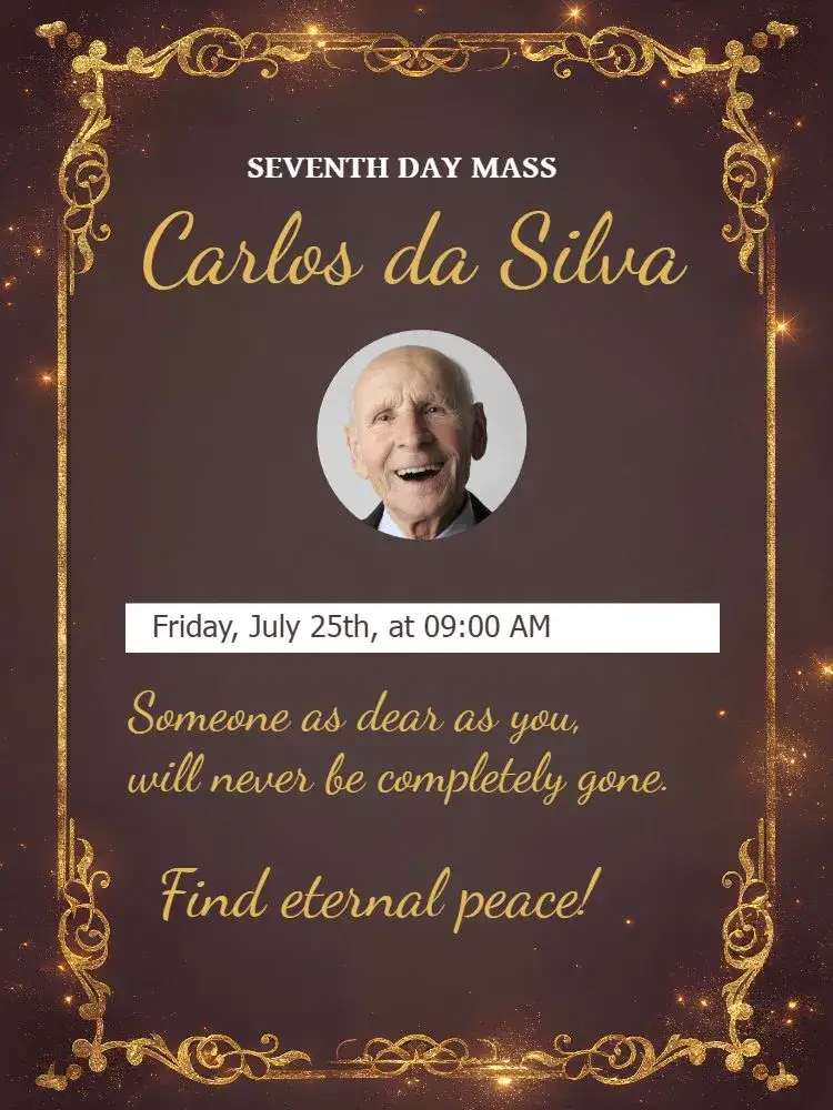 Invitation For Seventh-Day Mass With Holy Card Photo – Commemorative Dates theme blue, serene, minimalist, classic, elegant, subtle