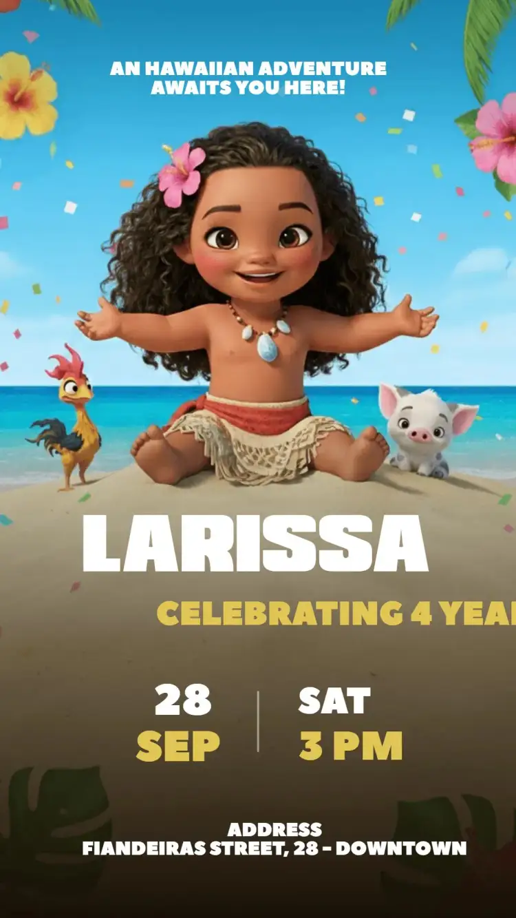 Invitation Moana Baby Digital Invitation – Kids' Birthday Party theme floral, tropical, colorful, fun, Disney, adventure