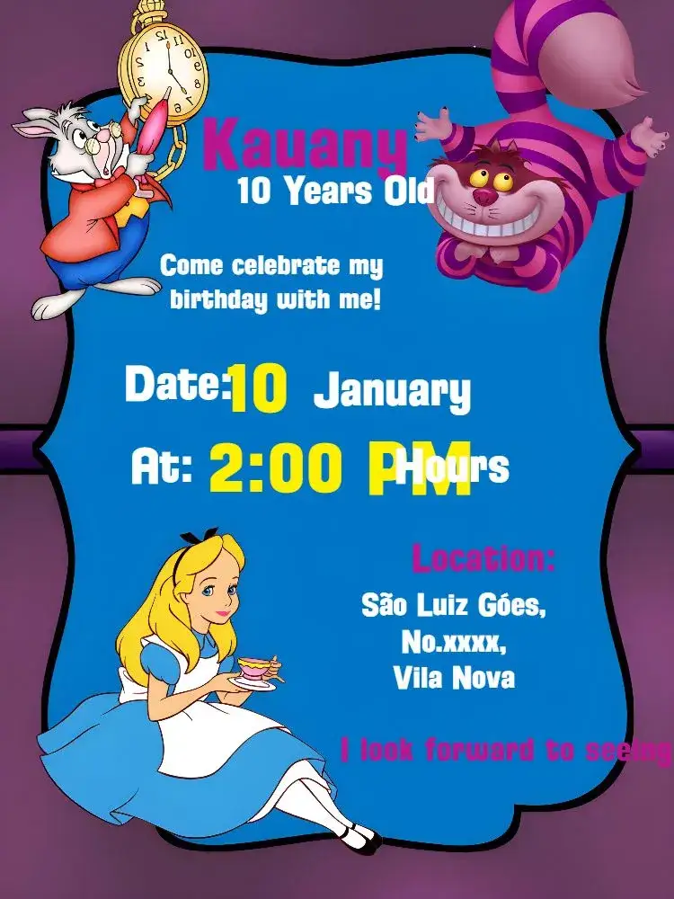 Invitation Alice In Wonderland White – Commemorative Dates theme white, blue, yellow, playful illustrations, vintage style, fantasy elements