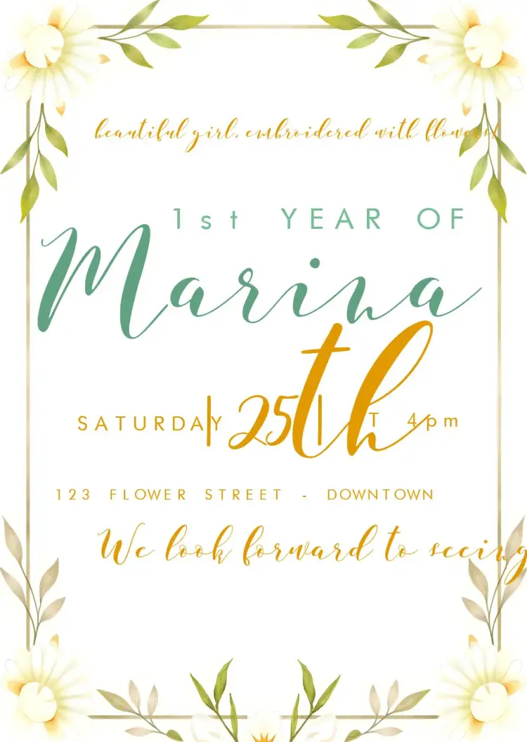 Invitation Green Floral Daisy – Commemorative Dates theme floral, watercolor, golden, green, childlike, cheerful