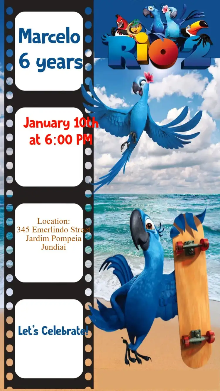 Invitation Rio the Movie 2 – Kids' Birthday Party theme colorful, fun, tropical, lively, childlike, character illustrations