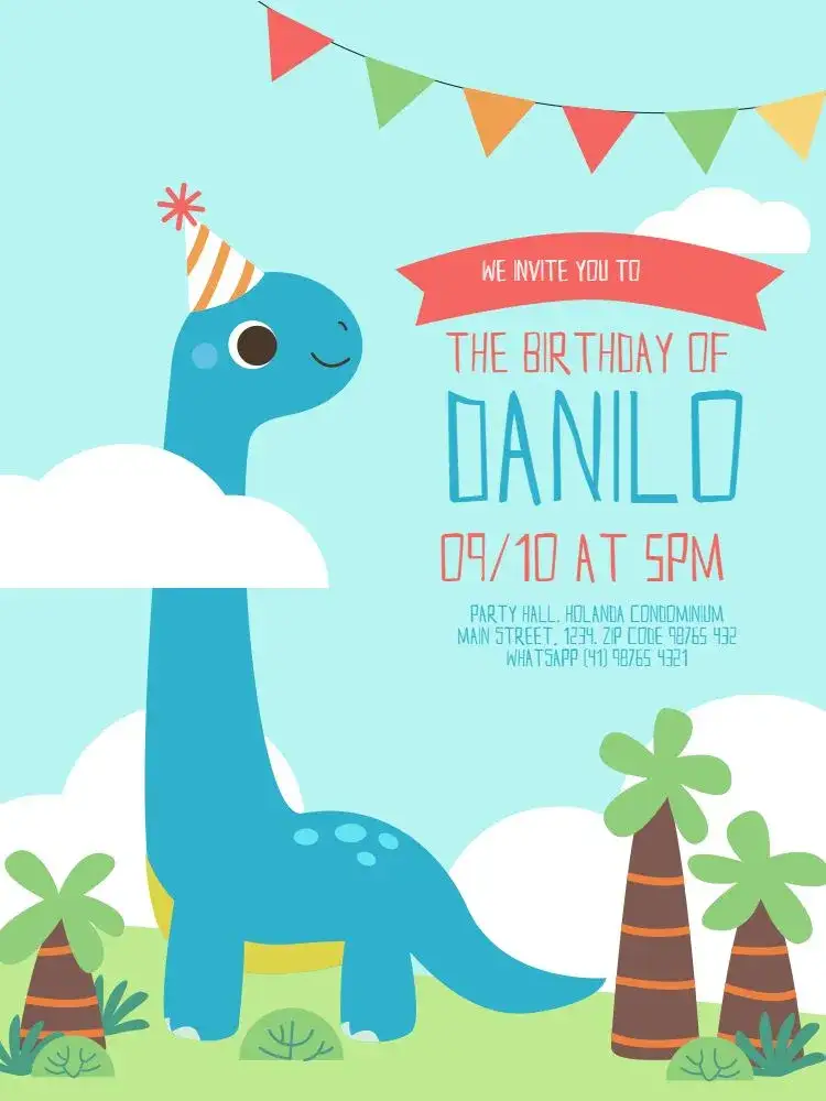 Invitation Dinosaur Baby Blue Girl – Kids' Birthday Party theme playful, modern, colorful, childlike, themed