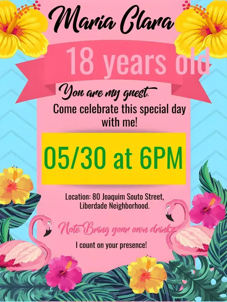 Invitation White Tropical Flamingo – Birthday theme tropical, colorful, floral, modern, fun, vibrant