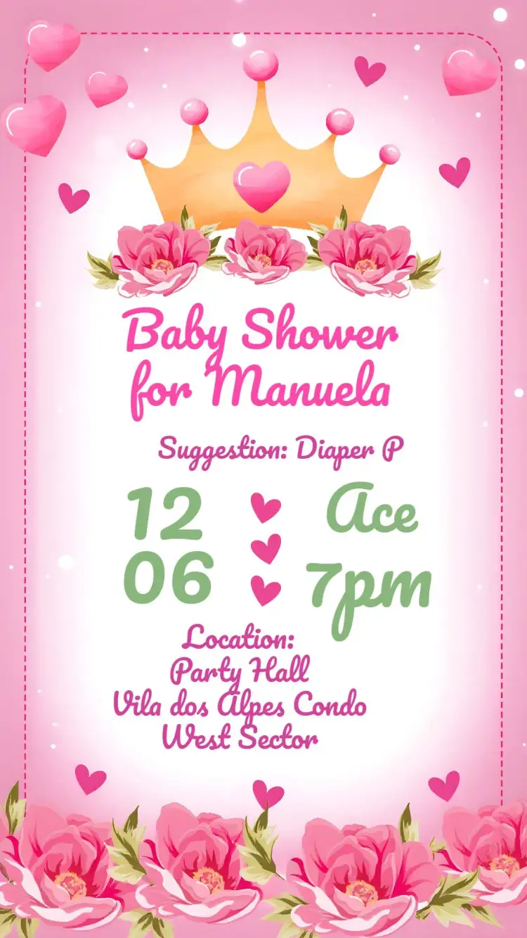 Invitation Floral Princess Hearts Baby Shower – Diaper Shower theme floral, pink and green, hearts, delicate, childish, romantic