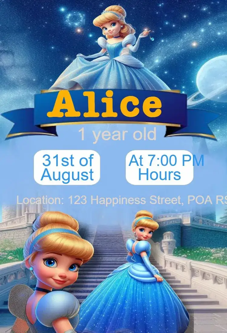 Invitation Cinderella Invitation – Kids' Birthday Party theme blue, princess, fairy tale, childish, enchanted