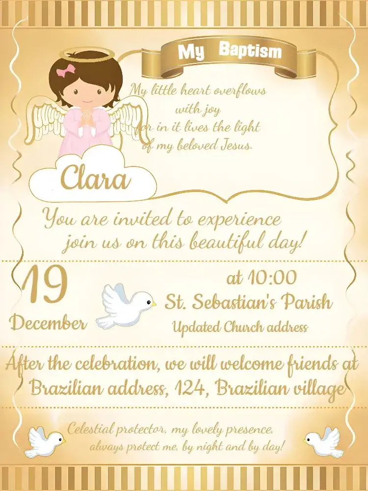 Invitation Baptism Girl White – Baptism theme white, pink, golden, angels, prayer, elegant