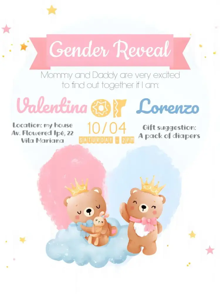 Invitation Teddy Bear Royalty Baby Gender Reveal – Gender Reveal theme blue and pink, teddy bears, royalty, children's, fun, colorful