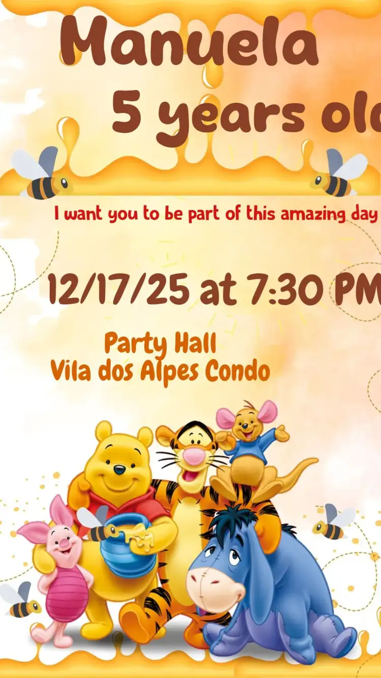 Invitation Winnie the Pooh – Kids' Birthday Party theme colorful, childlike, playful, animals, cute, themed