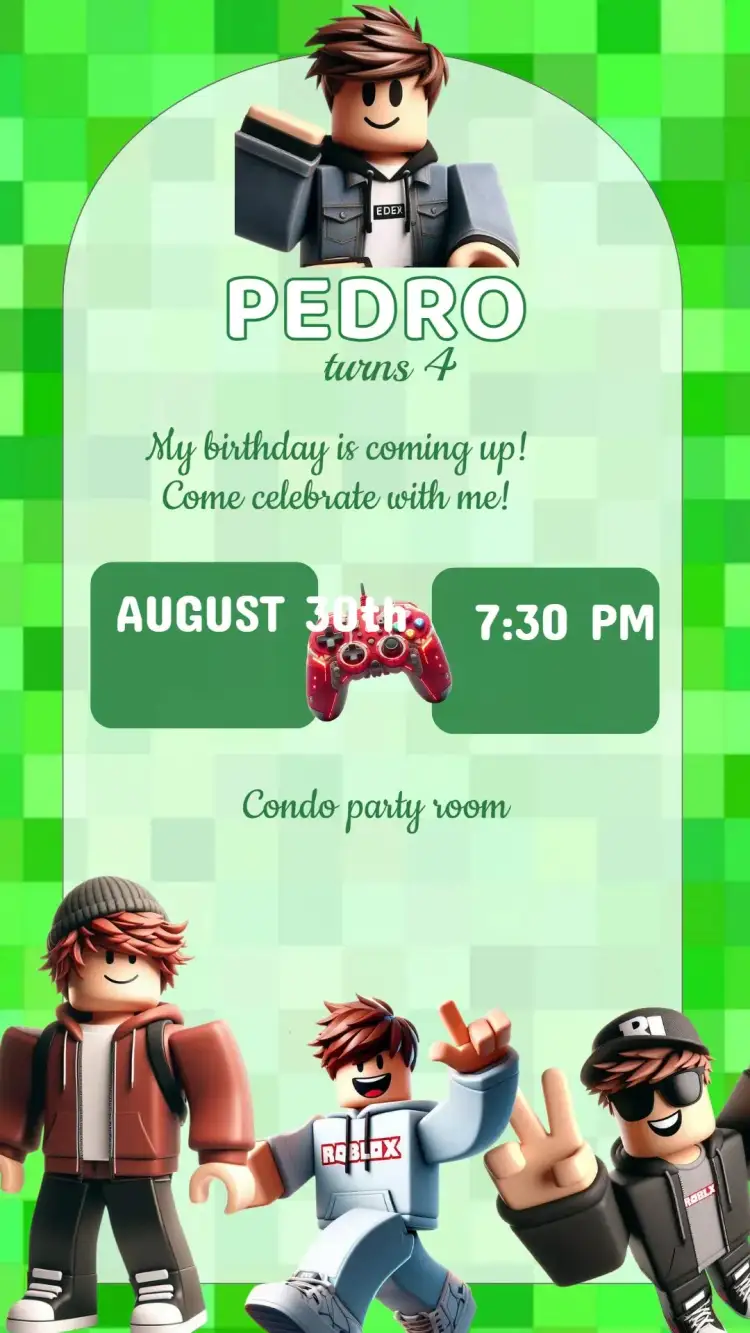 Invitation Roblox Birthday Invitation – Kids' Birthday Party theme vibrant, modern, games, colorful, fun, digital