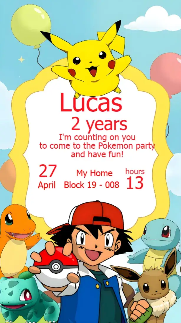 Invitation Pokemon Ash – Most searched for theme colorful, anime, fun, cheerful, games, childish