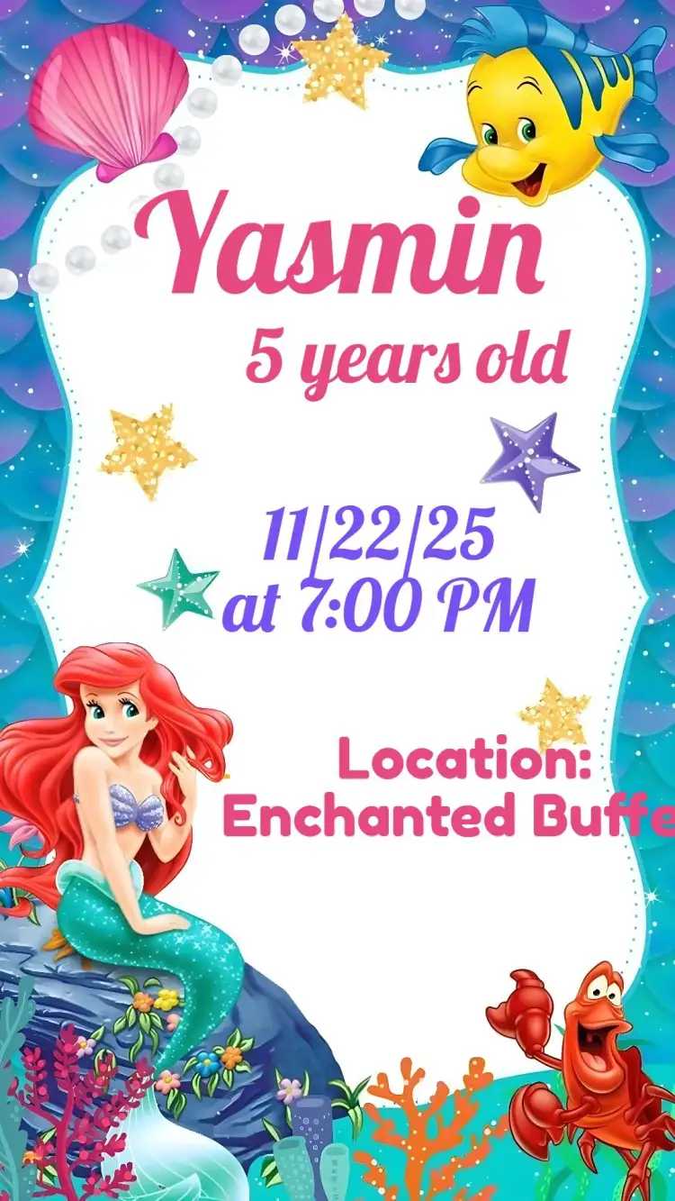 Invitation Mermaid Ariel – Birthday theme marine theme, vibrant colors, playful illustrations, fun style, aquatic elements, enchanted world