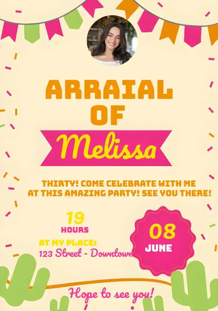 Invitation Arraial June Party With Red Photo – Commemorative Dates theme vibrant, traditional, festive, colorful, rustic, cheerful