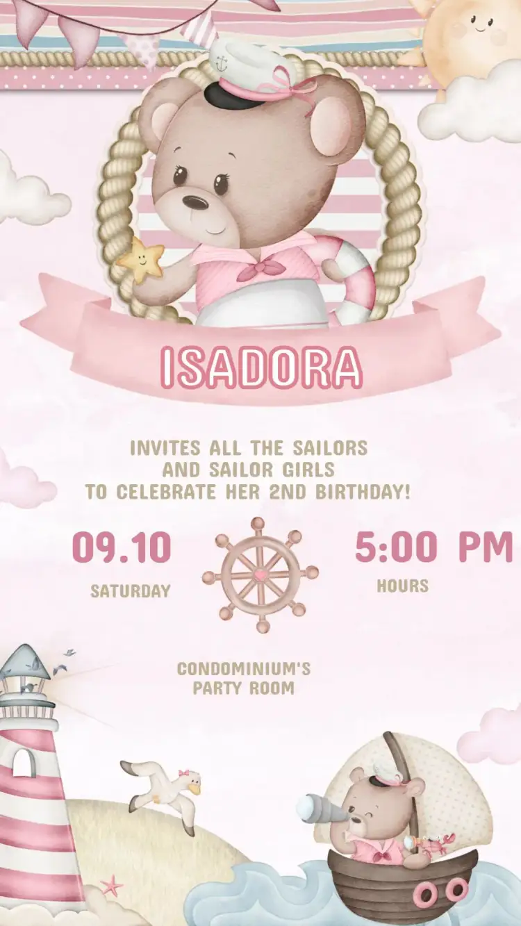 Invitation Invitation for Children's Birthday Party Sailor Teddy Bear – Kids' Birthday Party theme navy blue, playful, colorful, cute, tropical