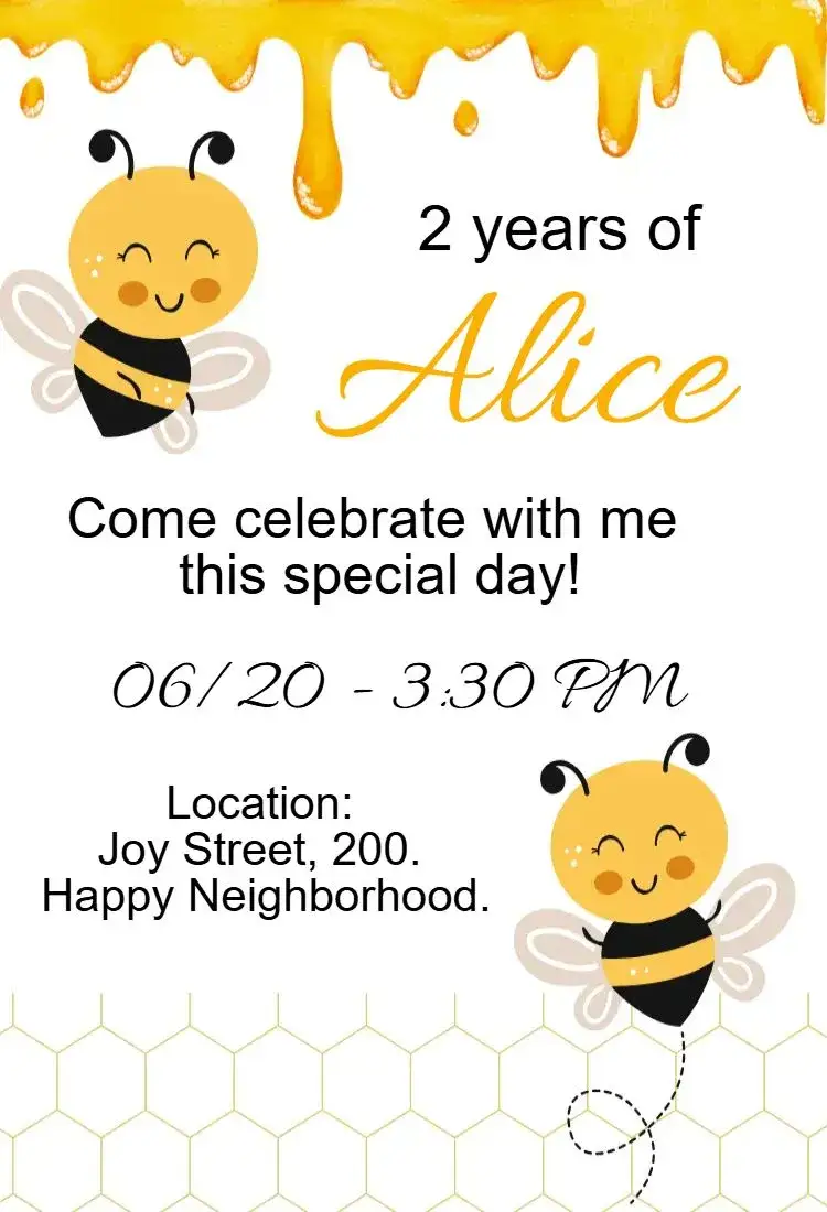 Invitation Bee Birthday – Kids' Birthday Party theme vibrant colors, playful style, bee-themed graphics, colorful design, nature-inspired