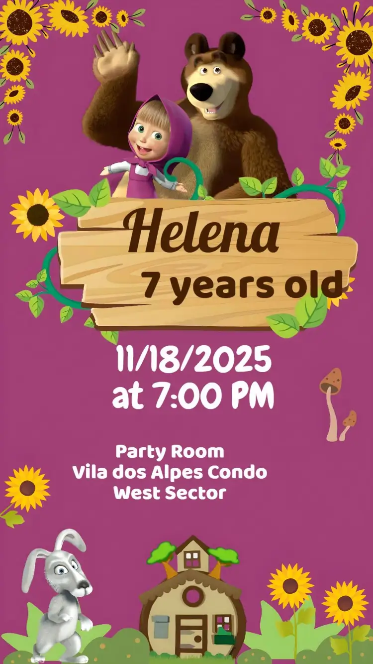 Invitation Masha and the Bear – Kids' Birthday Party theme colorful, childlike, fun, watercolor, illustrative