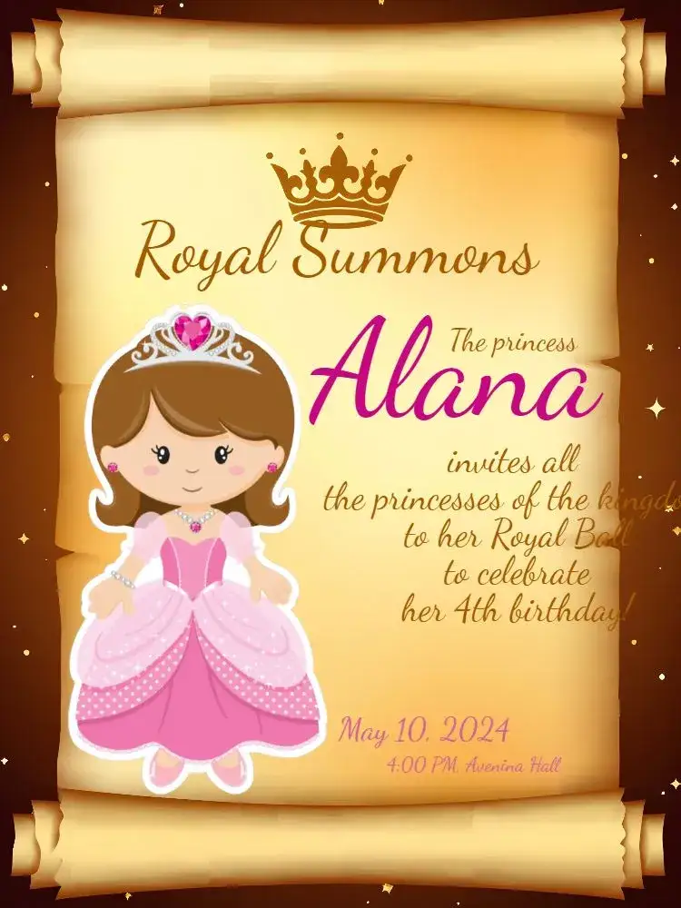 Invitation Royal Purple Princess Summons – Kids' Birthday Party theme magical, princess, purple and pink, crown, themed party, elegant