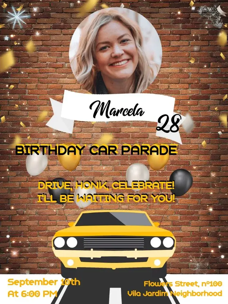 Invitation Car Parade With Photo Balloons – Birthday theme yellow, black, balloons, modern, festive, colorful