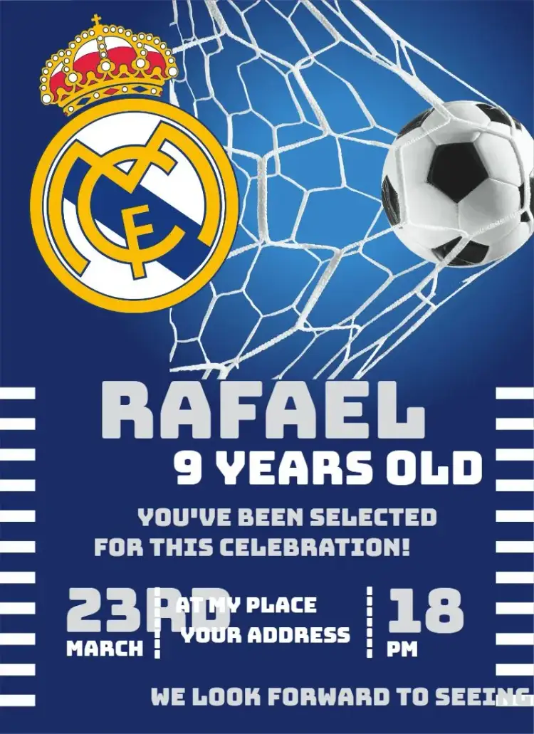 Invitation Real Madrid 3 – Birthday theme soccer, contemporary, dynamic, vibrant, sporty