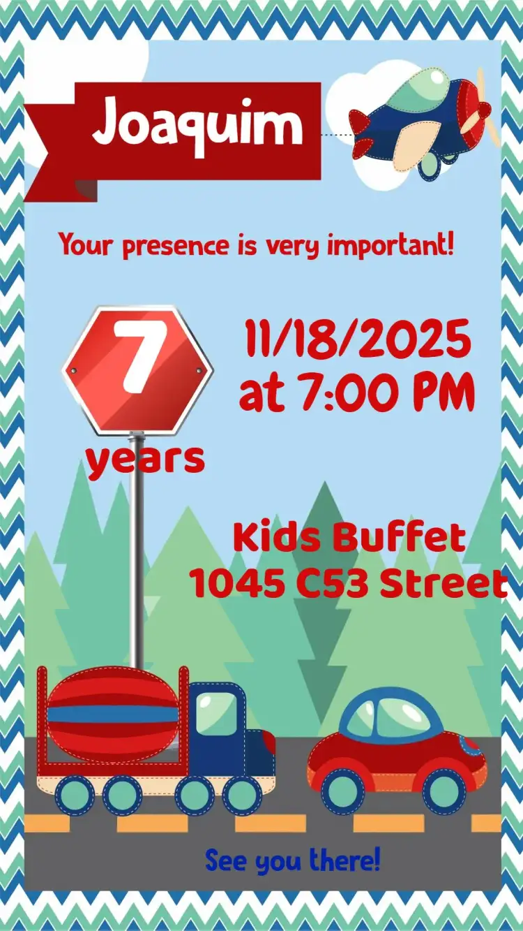 Invitation Transport – Kids' Birthday Party theme colorful, fun, modern, childlike, car illustrations, road style