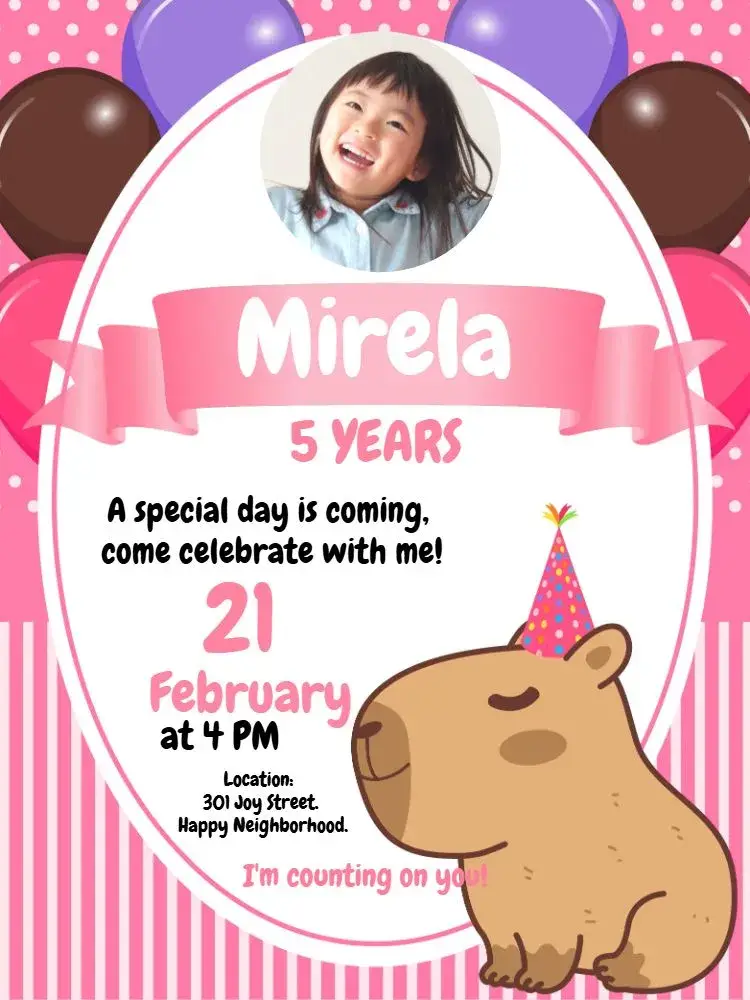 Pink Capybara Girl With Capybara Photo invitation