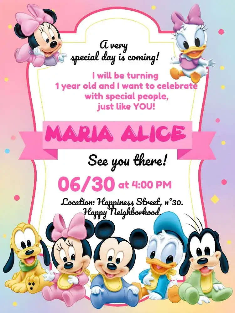 Invitation Disney Baby Pink Donald – Most searched for theme pink, yellow, Disney characters, fun, magical, childlike