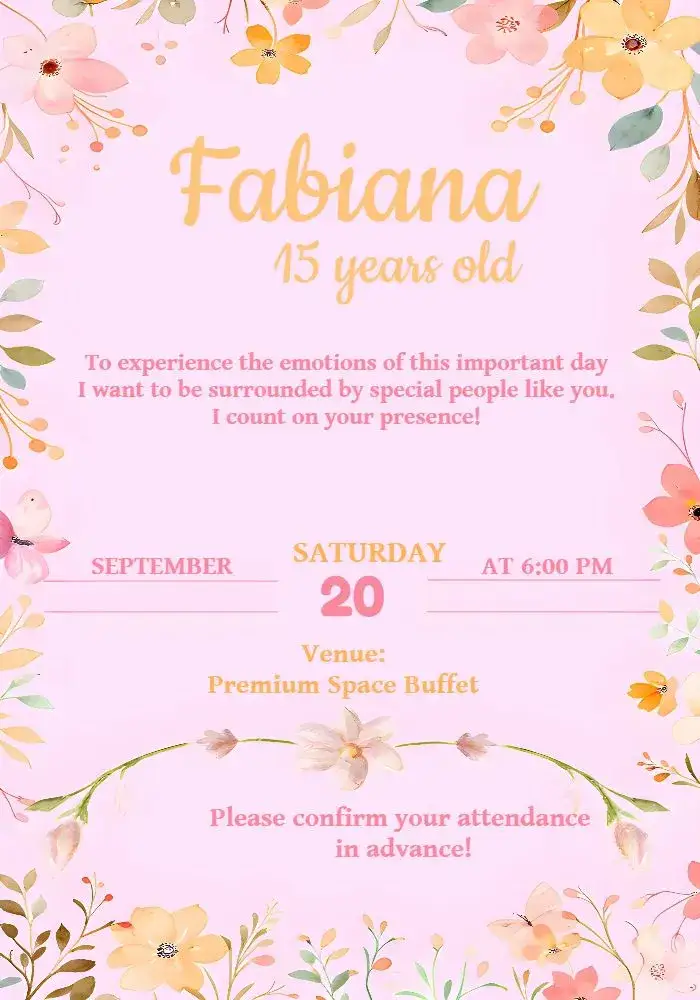 Invitation Floral 15 – Sweet 15 theme floral, delicate, pink, modern, elegant, colorful