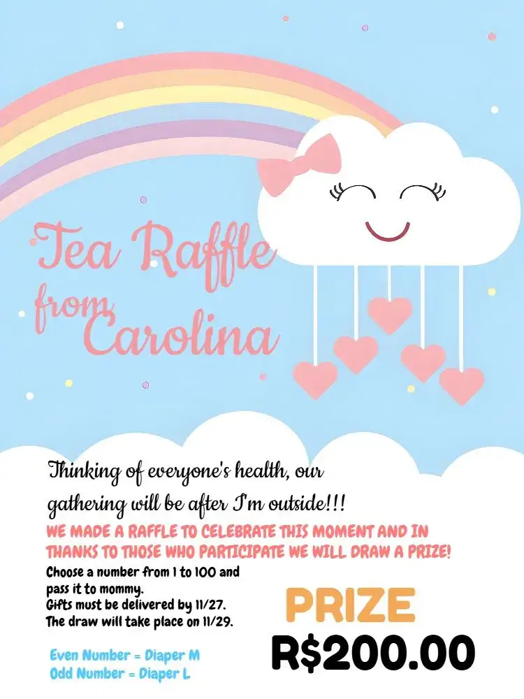 Invitation Tea Raffle Rain of Love Hearts – Raffle Tea theme playful style, pastel colors, cloud graphic elements, rainbow details, childish design, cozy look