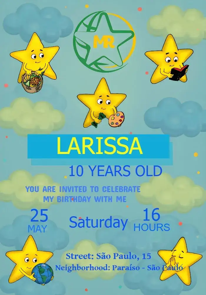 Invitation Yellow King's Messengers – Kids' Birthday Party theme light blue, royal yellow, clouds, stars, Christian, cute