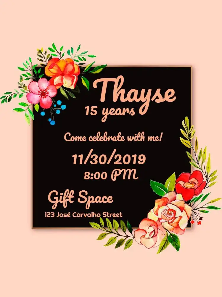 15 Years Black Floral invitation