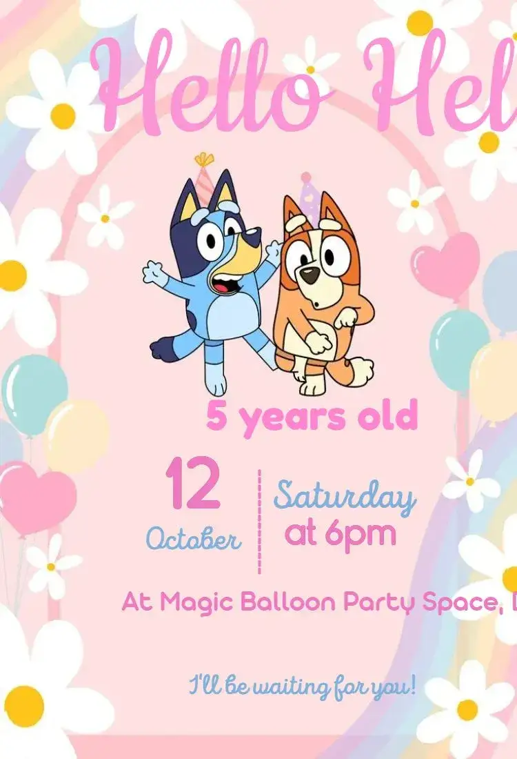 Invitation Bluey pink – Kids' Birthday Party theme colorful, floral, pastel, cute, modern