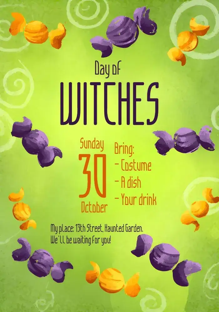 Invitation Colorful Halloween Party – Commemorative Dates theme colorful, horror, fantasy, sweets, magical