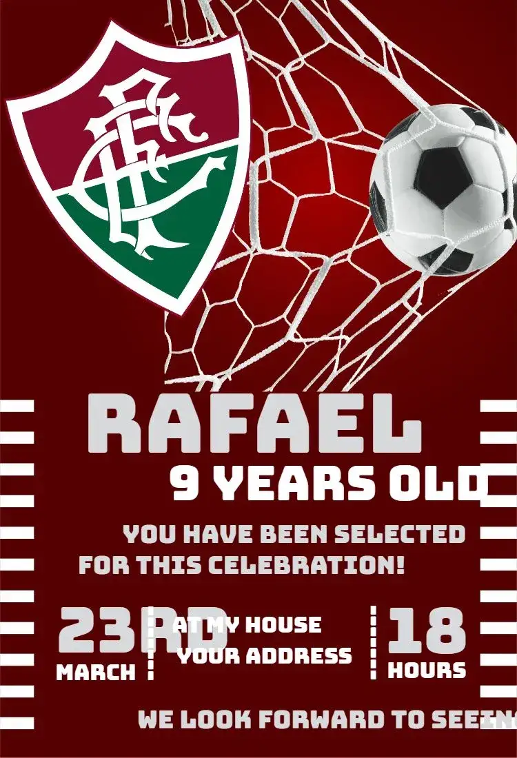 Invitation Fluminense 3 – Birthday theme green and brown, sporty style, football elements, vibrant design, modern, youthful