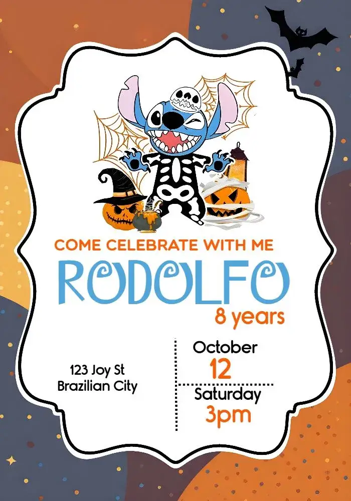 Invitation Stitch Orange Halloween – Commemorative Dates theme orange, fun, themed, witches, animals, illustrations