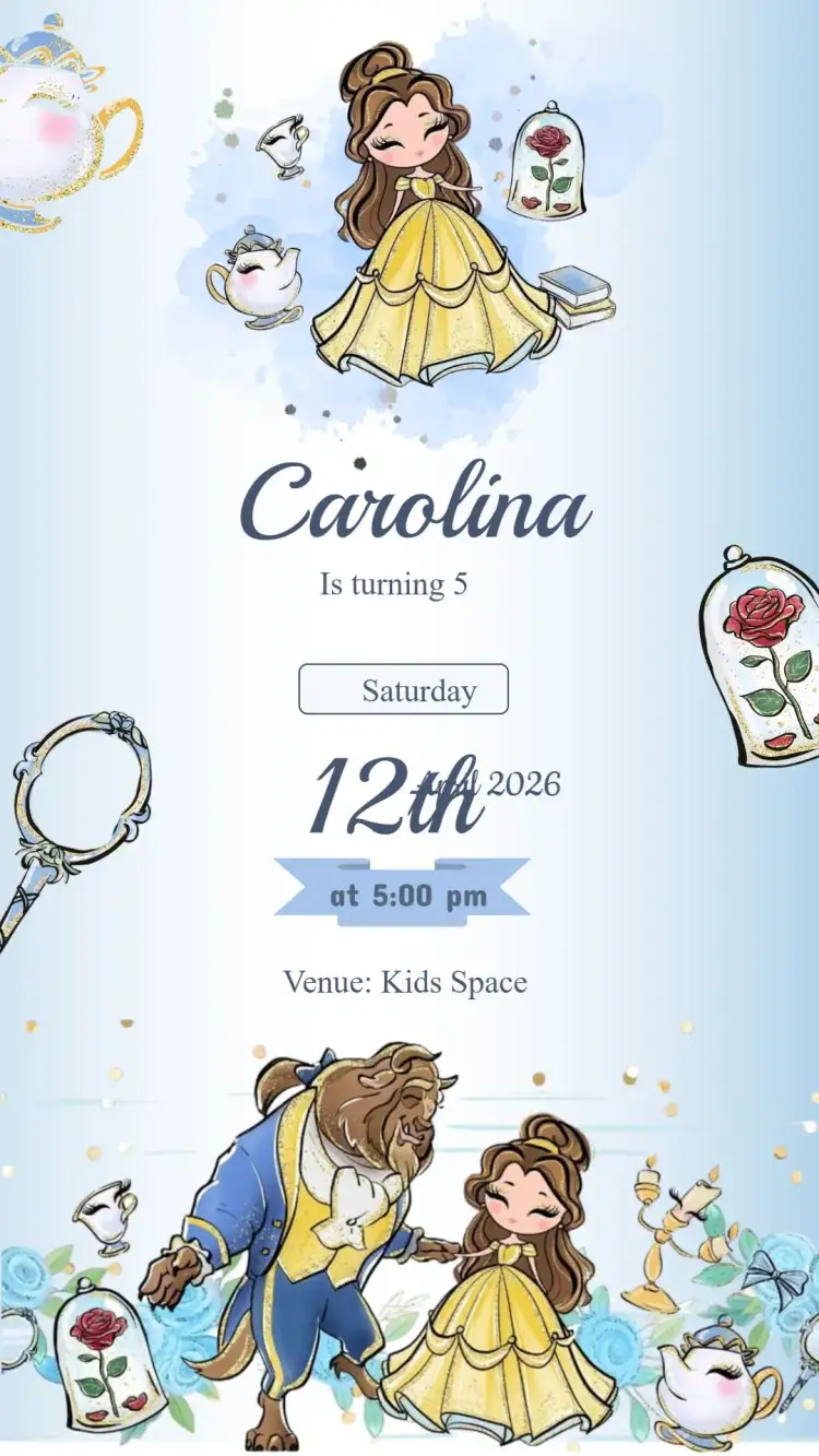 Invitation Beauty and the Beast Birthday Invitation – Kids' Birthday Party theme vibrant colors, fairy tale elements, playful style, charming illustrations, festive design