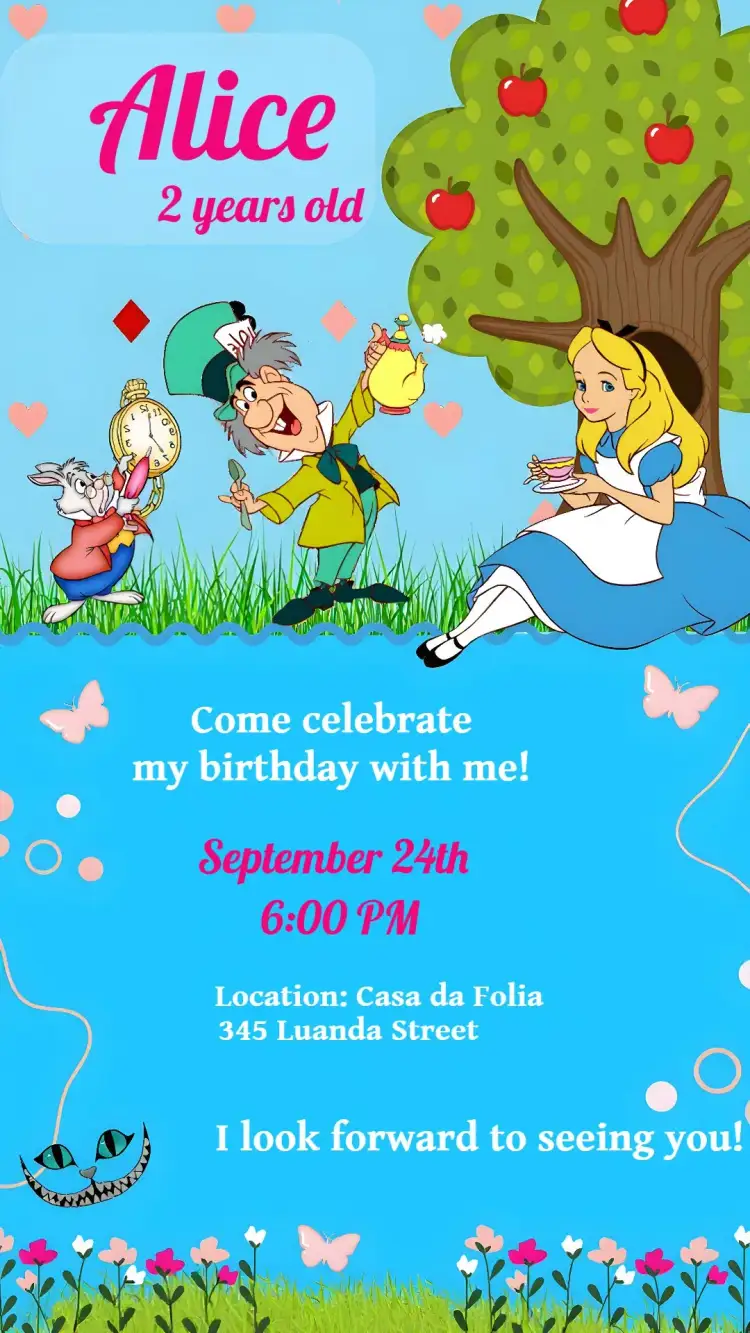 Invitation Alice In Wonderland Children's – Commemorative Dates theme colorful, playful, fantastic, childlike illustrations, fairytale style