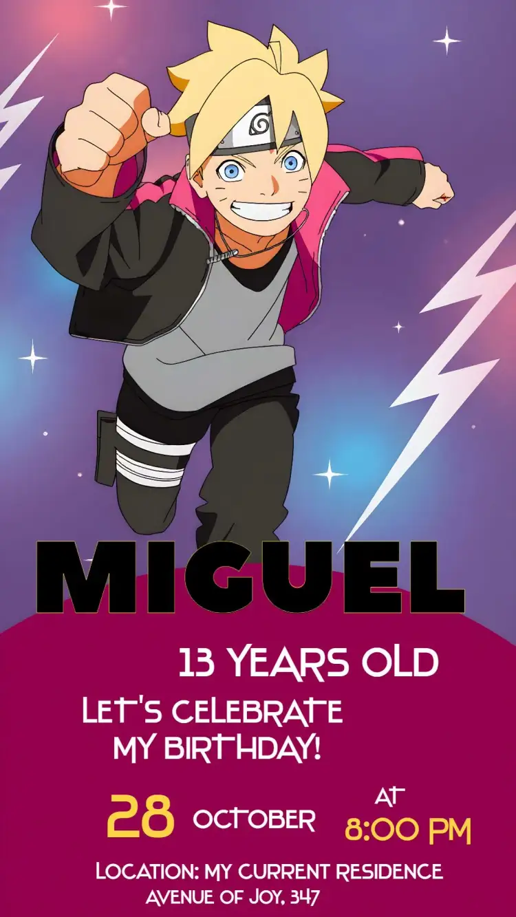 Invitation Boruto Kids – Kids' Birthday Party theme anime, colorful, fun, youthful, modern