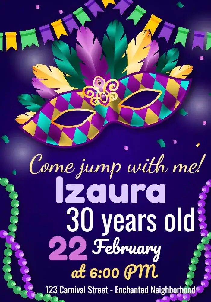 Invitation Carnival Serpentina – Commemorative Dates theme vibrant purple, sparkle, festive, colorful masks, confetti, streamers