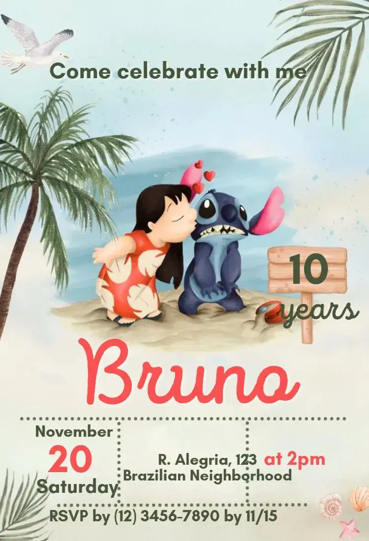 Invitation Lilo and Stitch – Kids' Birthday Party theme colorful, fun, tropical, lively, illustrative