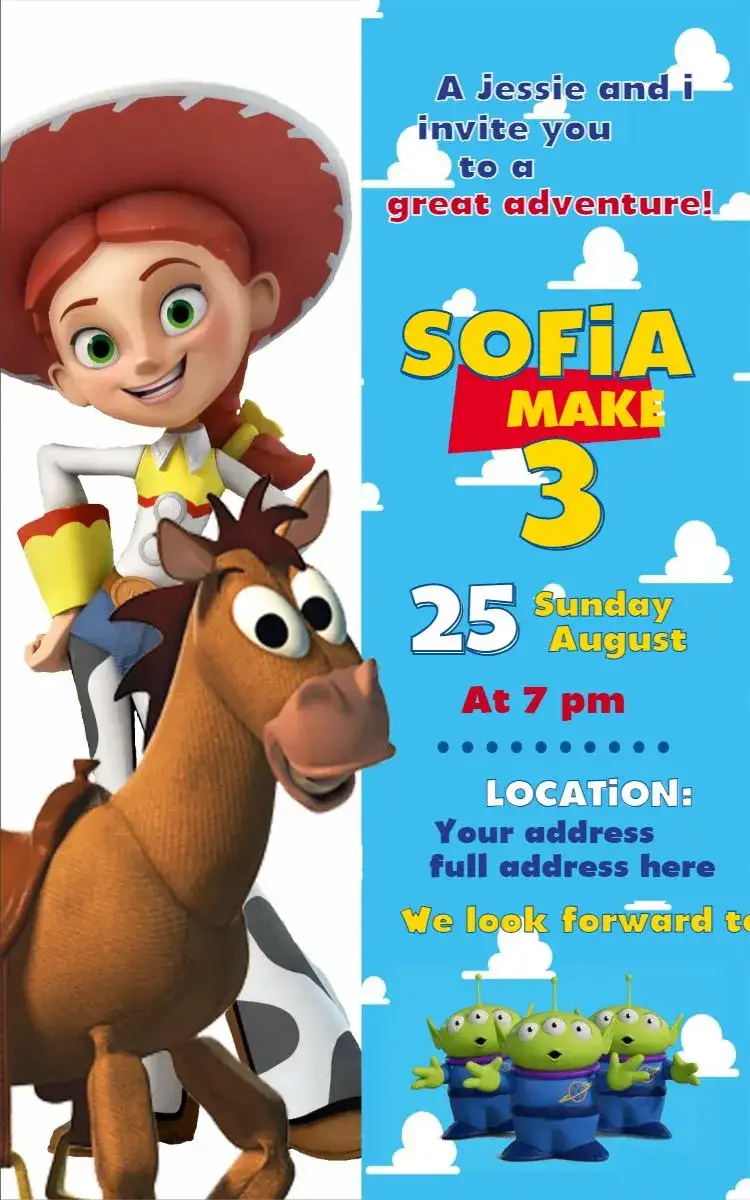 Invitation Jessie 1 – Birthday theme colorful, fun, childish, themed, playful